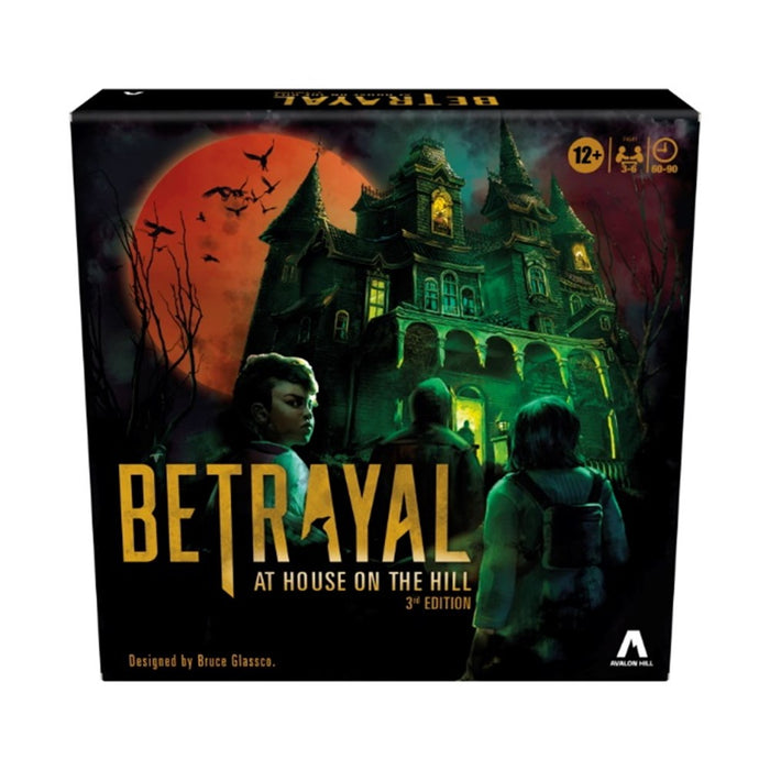 Square board game box featuring a spooky green mansion under a red moon and three figures looking at the house.
