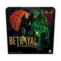 Square board game box featuring a spooky green mansion under a red moon and three figures looking at the house.