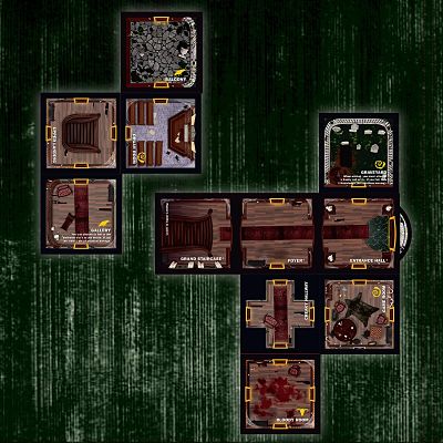 Top-down view of dark modular room tiles from a board game arranged on a textured dark green background.
