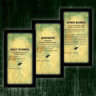 Three game cards with black borders and glowing yellow parchment backgrounds featuring item text and raven icons.
