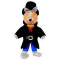 Plush wolf finger puppet wearing a black top hat, long coat, silver buckle, red scarf, and blue pants.