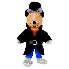 Plush wolf finger puppet wearing a black top hat, long coat, silver buckle, red scarf, and blue pants.