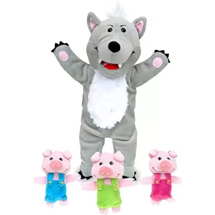 Grey wolf hand puppet with white belly and three small pink pig finger puppets wearing blue, green, and pink overalls.