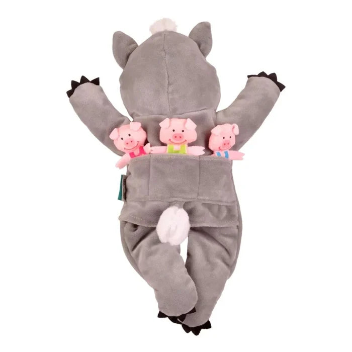 Plush gray wolf hand puppet with three pink pig finger puppets peeking out of a pocket on its back.