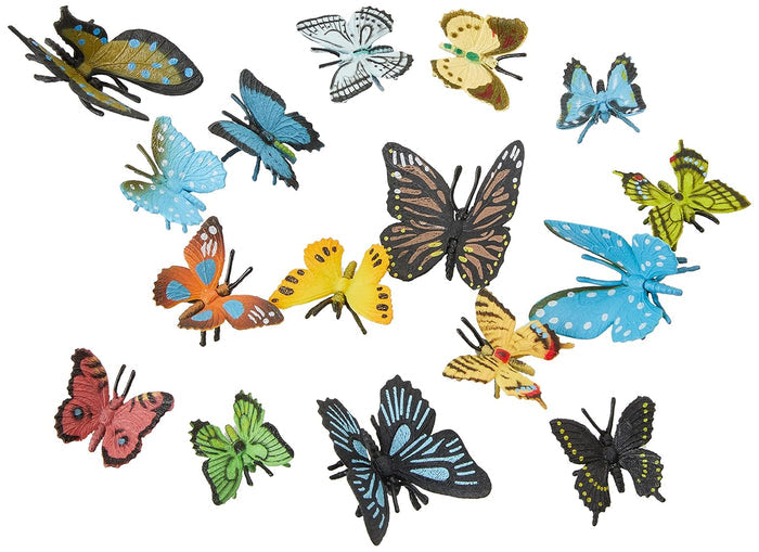 Assorted toy butterflies in vibrant colors and patterns including spots, stripes, and various wing shapes.