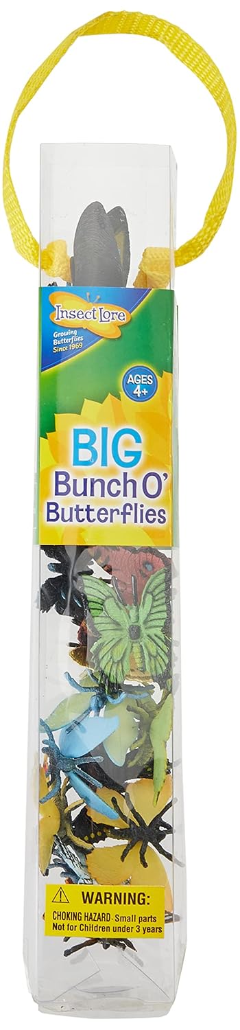 Clear plastic tube of colorful toy butterflies with a yellow strap handle and Insect Lore branding.
