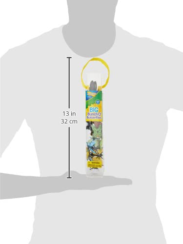13-inch clear tube filled with colorful toy butterflies, featuring a yellow carry strap and held in a hand for scale.