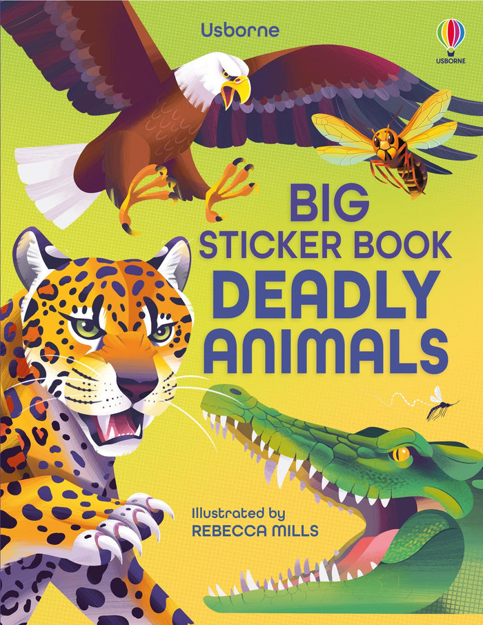 Vibrant book cover with stylized illustrations of a leopard, crocodile, eagle, and wasp on a bright yellow background.