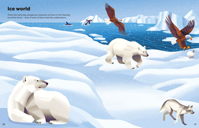Illustrated Arctic scene with polar bears, eagles, and a wolf in a snowy landscape with blue water and icebergs.
