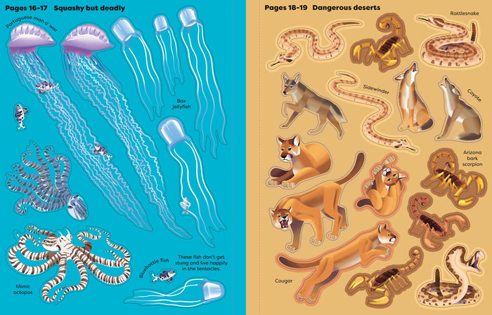 Sticker book pages featuring colorful jellyfish and octopuses on blue next to cougars, snakes, and scorpions on tan.