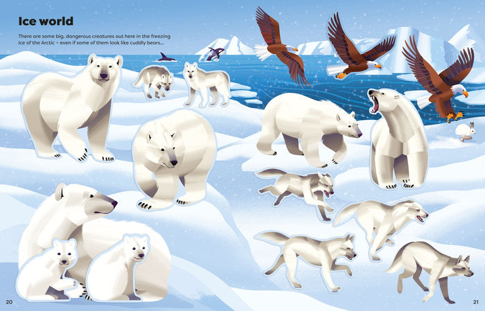 Ice world" sticker book page with illustrated polar bears, wolves, and eagles in a snowy Arctic landscape.