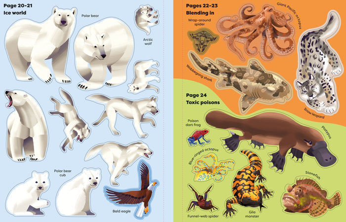 Illustrated animal stickers including polar bears, a leopard, and an octopus on colorful blue and orange pages.