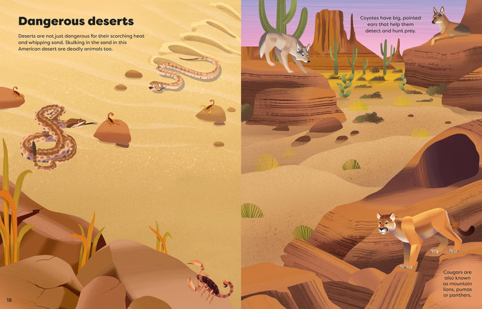 Illustrated desert scene featuring rattlesnakes, scorpions, coyotes, and a cougar among sand dunes and cacti.