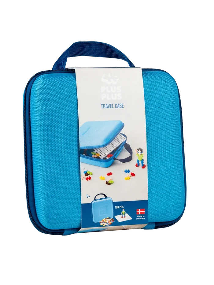 Bright blue square zippered case with handle, featuring a white sleeve with the Plus Plus logo and building block images.