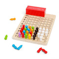 Wooden counting board with numbers 1 to 10 and colorful pegs in red, green, blue, yellow, black, and white.