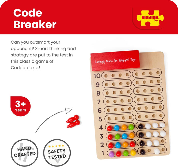 Wooden board game with 10 numbered rows of colorful pegs and small black and white feedback markers on the side.