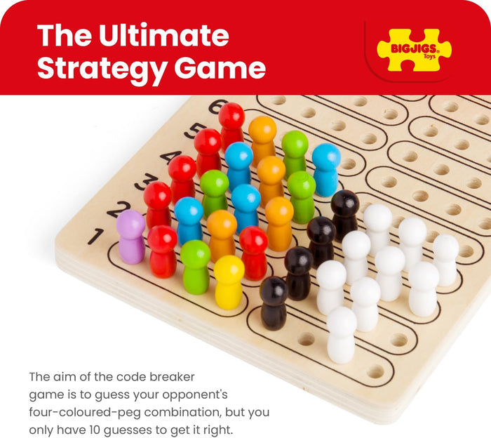 Wooden game board with rows of colorful pegs and black and white pieces. Red header reads The Ultimate Strategy Game.
