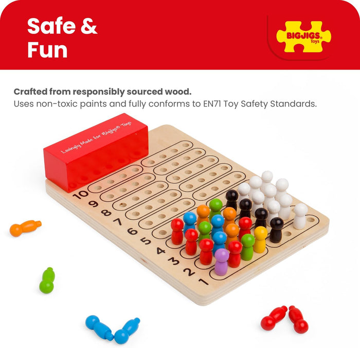 Wooden board game with colorful pegs, numbered rows 1-10, and a red wooden cover block for secret codes.