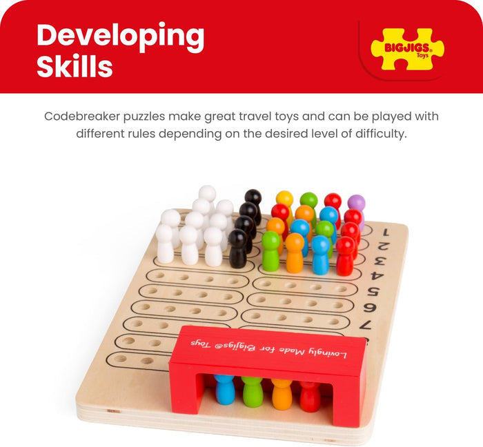 Wooden board game with colorful pegs, numbered rows, and a red shield hiding a secret sequence of four colored pegs.