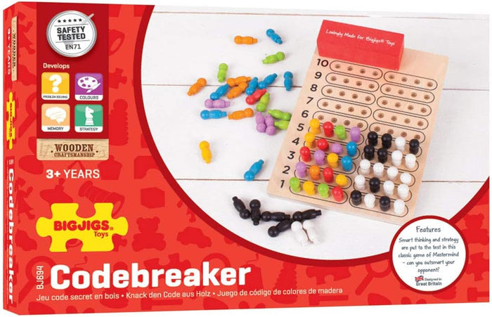Wooden strategy game with colorful pegs and black/white markers next to its red and yellow product box.