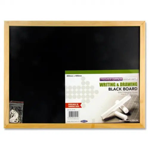 Rectangular 300x400mm blackboard with a natural wooden frame and a small bag containing hanging hardware.