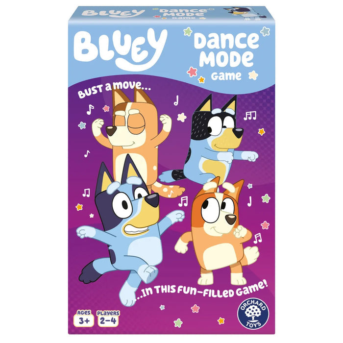 Bluey characters dance on a purple and blue game box with musical notes and stars. Orchard Toys brand.