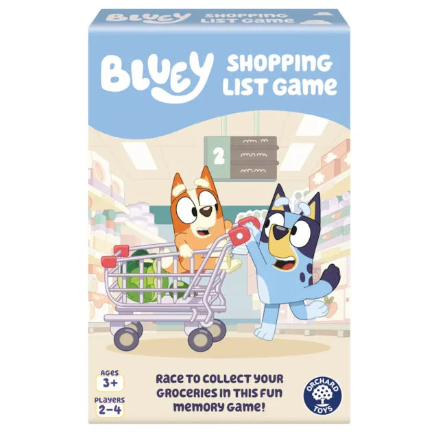 Light blue box shows Bluey pushing Bingo in a silver shopping cart through a grocery store aisle. Orchard Toys logo.