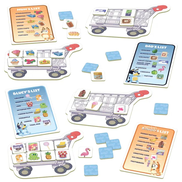 Four character shopping lists, trolley game boards, and colorful food item tiles featuring Bluey cartoon characters.