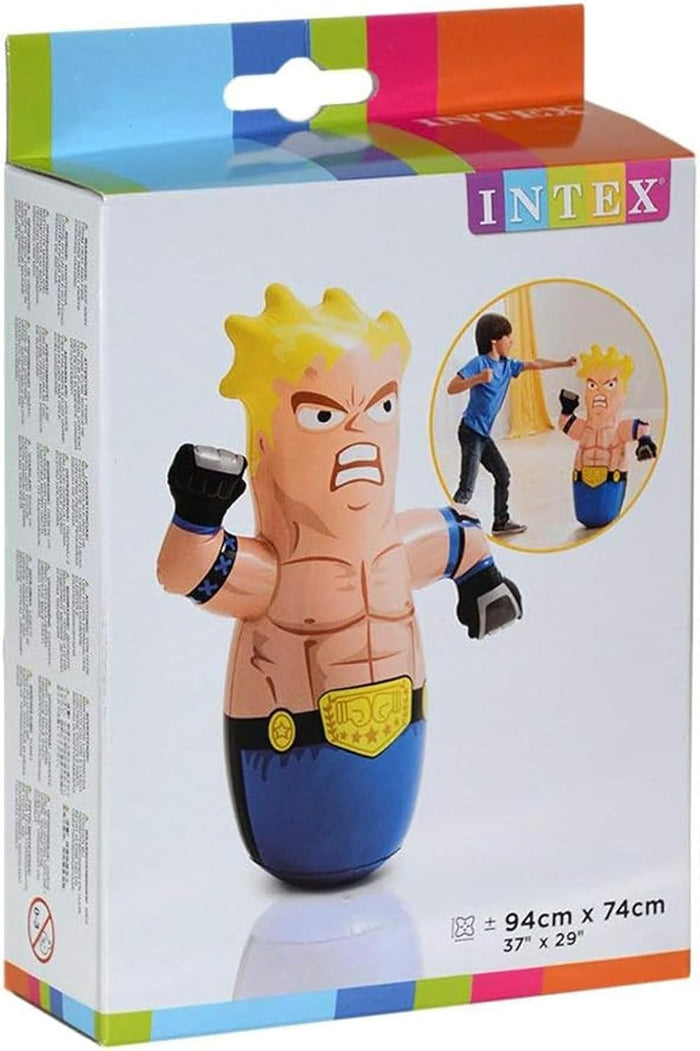 Inflatable muscular boxer bop bag with blonde hair and blue trunks on a product box showing a child punching it.
