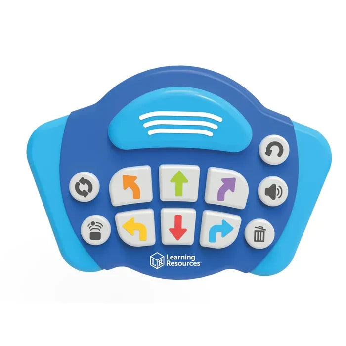Blue handheld remote with colorful directional arrow buttons, white circular buttons, and a Learning Resources logo.