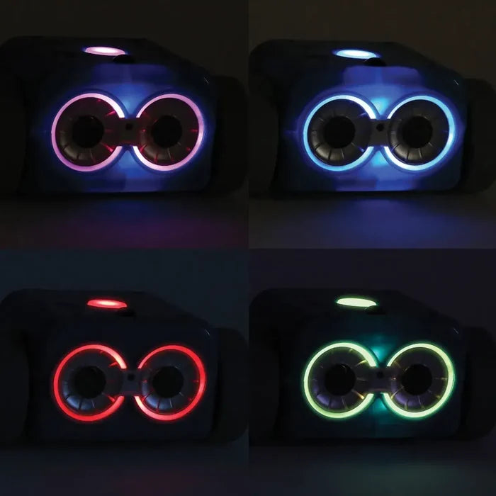 Four views of Botley 2.0 with circular eyes and top light bar glowing in pink, blue, red, and green.