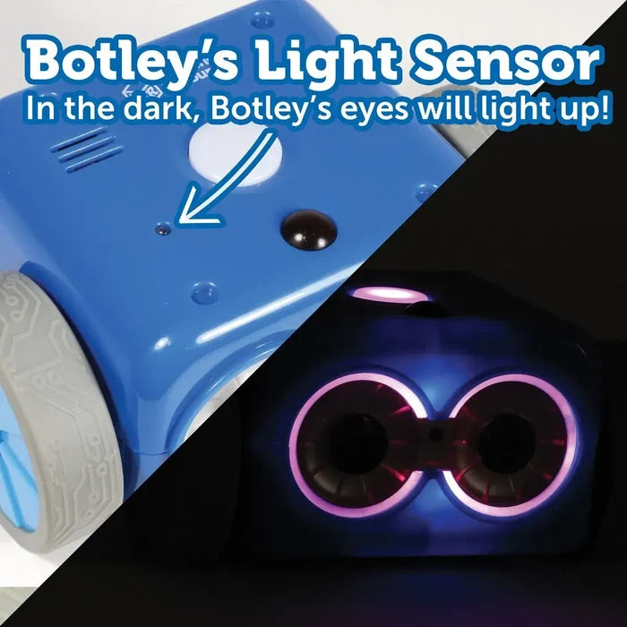 Split image showing a blue robot's light sensor and its circular eyes glowing purple in the dark.