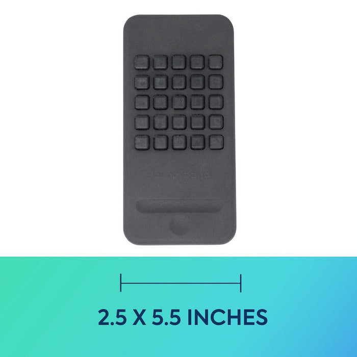 Dark gray silicone phone-shaped fidget toy with 25 square buttons and 2.5 x 5.5 inch dimensions.
