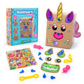 Boxineers craft kit featuring a cardboard unicorn, teal box, colorful stickers, blue plastic screws, and pink tools.