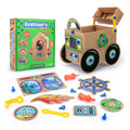 Boxineers kit with green box, assembled cardboard truck, blue plastic screws, orange tools, and colorful cutouts.