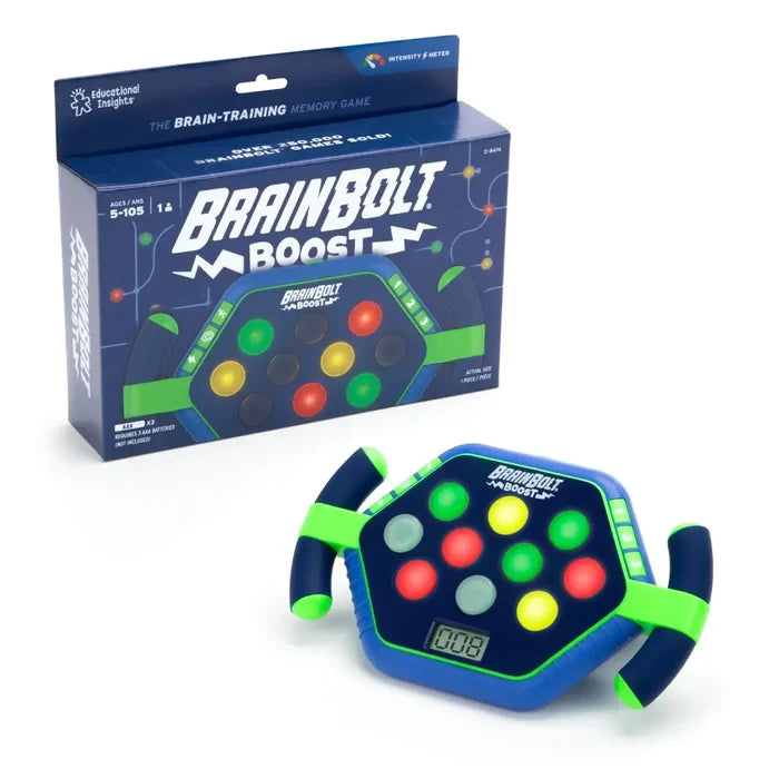Blue and green handheld memory game with 10 glowing buttons and a digital display, shown next to its retail box.