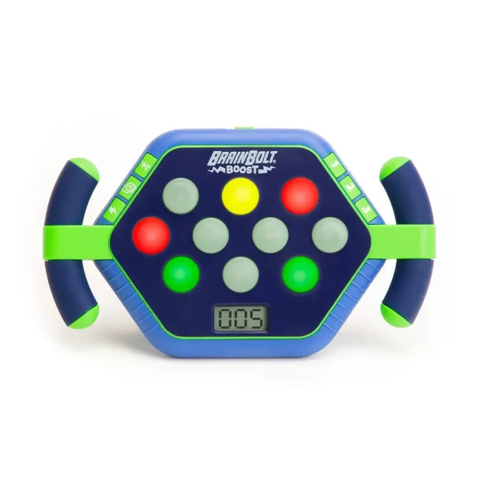 Blue and green hexagonal handheld game with side handles, ten circular light-up buttons, and a digital display.