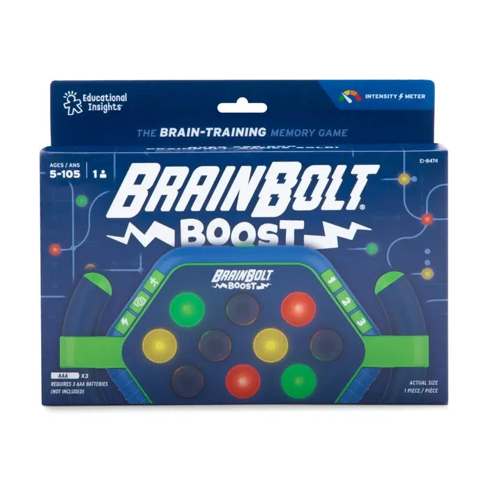 Handheld electronic memory game with 10 glowing multi-color buttons and green grips in a blue display box.