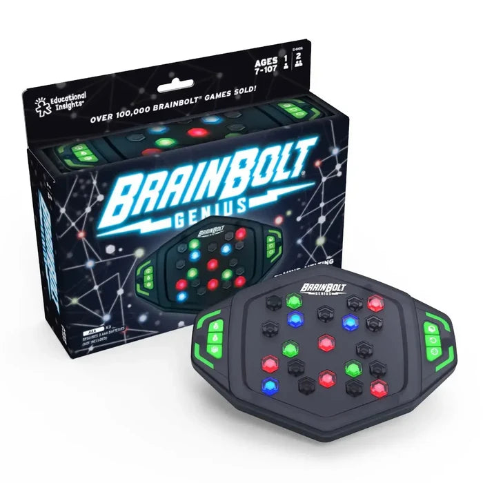 Hexagonal black memory game with red, green, and blue light-up buttons next to its black and blue retail packaging box.
