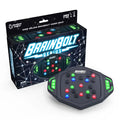 Hexagonal black memory game with red, green, and blue light-up buttons next to its black and blue retail packaging box.