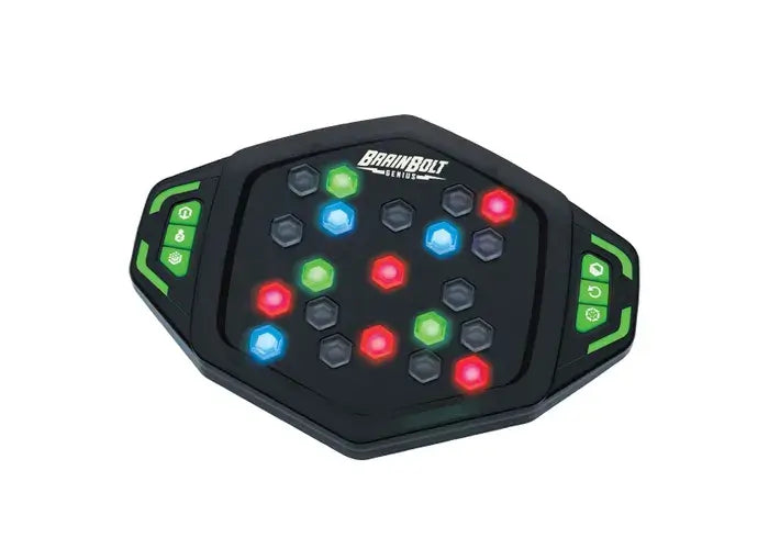 Black hexagonal handheld memory game with glowing red, green, and blue pads and green side control buttons.