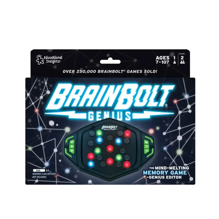 Black handheld memory game with glowing red, blue, and green hexagonal buttons in a dark box with white grid patterns.