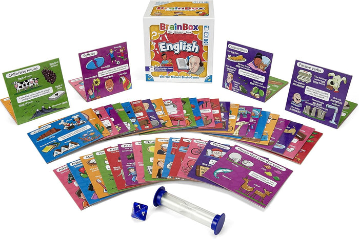 BrainBox English educational game with colorful grammar cards, a blue eight-sided die, and a sand timer on white.