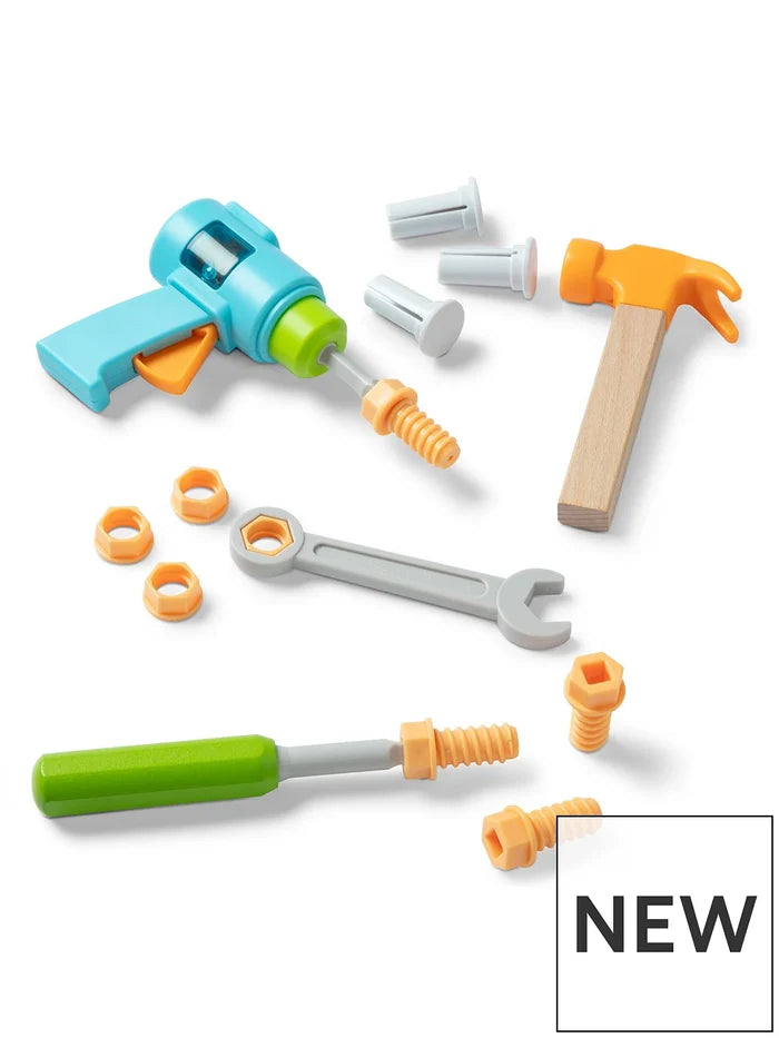 Toy tool set featuring a blue drill, wooden hammer, green screwdriver, grey wrench, and orange nuts and bolts.