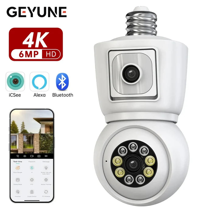 Bulb WiFi Camera Dual Screen Cam with 4K resolution, 6MP HD, iCSee app, Alexa compatible, Bluetooth, human detection, two-way audio.