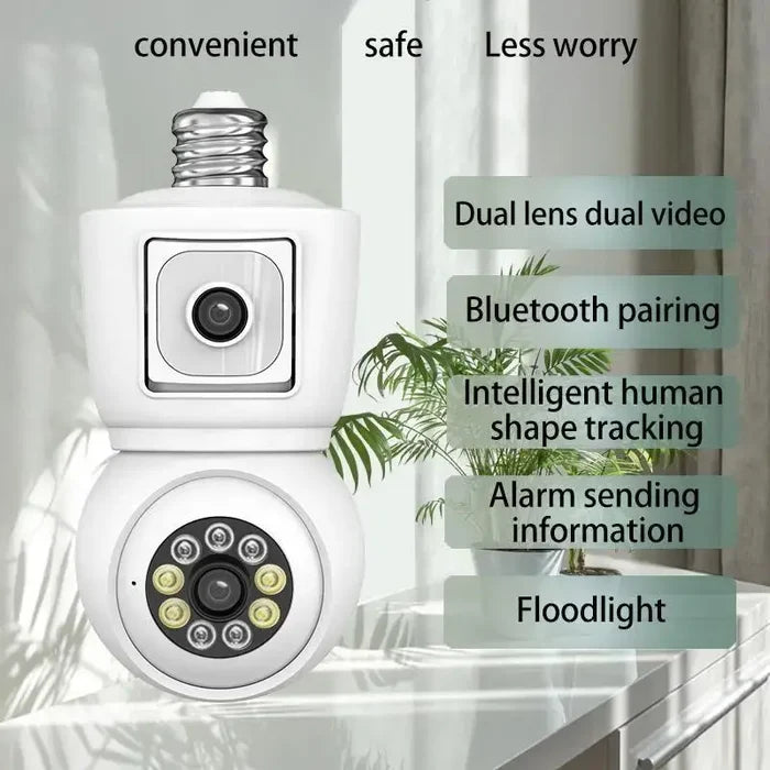 Bulb WiFi Camera Dual Screen Cam showcasing dual lens, Bluetooth pairing, AI human detection, alarm info, and floodlight features.