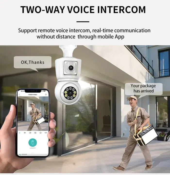 Bulb WiFi Camera Dual Screen Cam with two-way audio and mobile app for remote communication, showcasing human detection and alarm actions