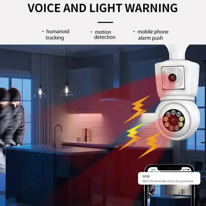 Bulb WiFi Camera Dual Screen Cam with AI Functions, human detection, motion alerts, and two-way audio in a kitchen setting