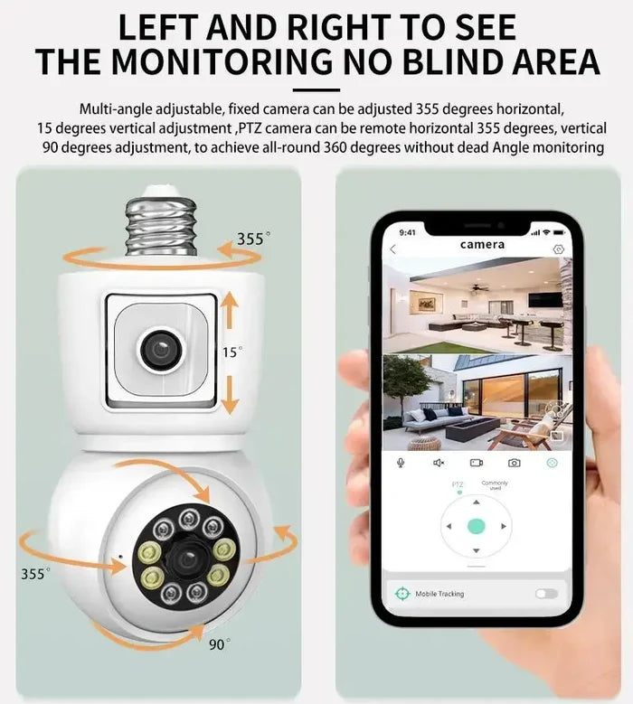 Bulb WiFi Camera Dual Screen Cam showcasing adjustable angles and mobile app interface for 360-degree monitoring.