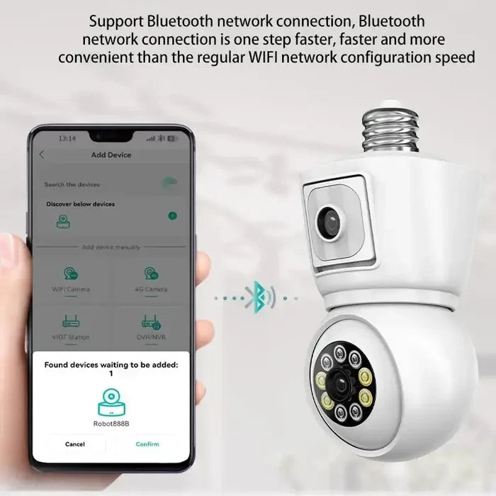 Smartphone displaying app interface for setting up Bulb WiFi Camera Dual Screen Cam with Bluetooth network connection.